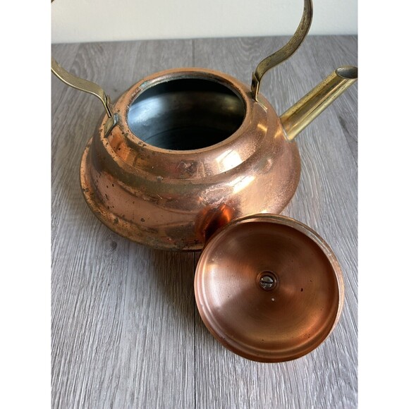 Vintage Copper Tea Pot Kettle 6" diameter Wood And Brass Handle - Picture 6 of 9